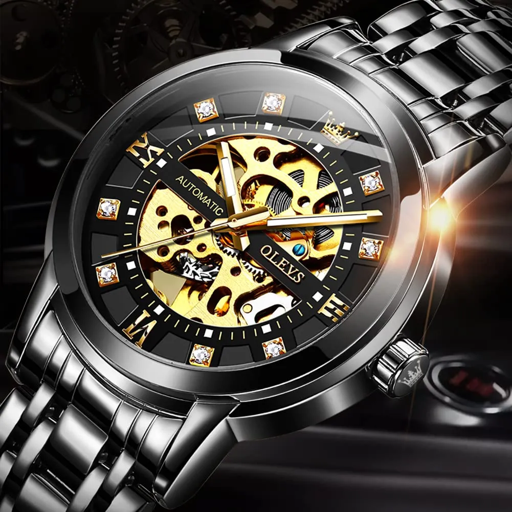OLEVS Luxury Stainless Steel Mechanical Skeleton Wrist Watch