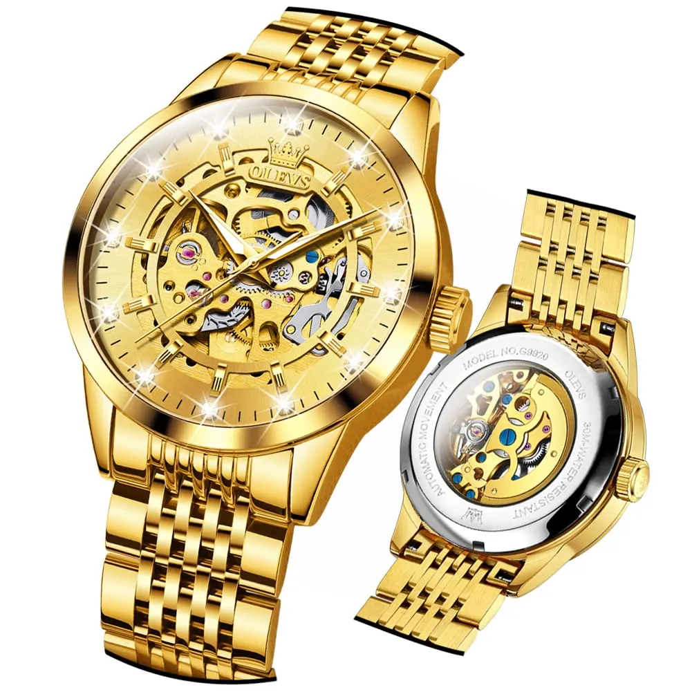 OLEVS Luxury Stainless Steel Mechanical Skeleton Wrist Watch