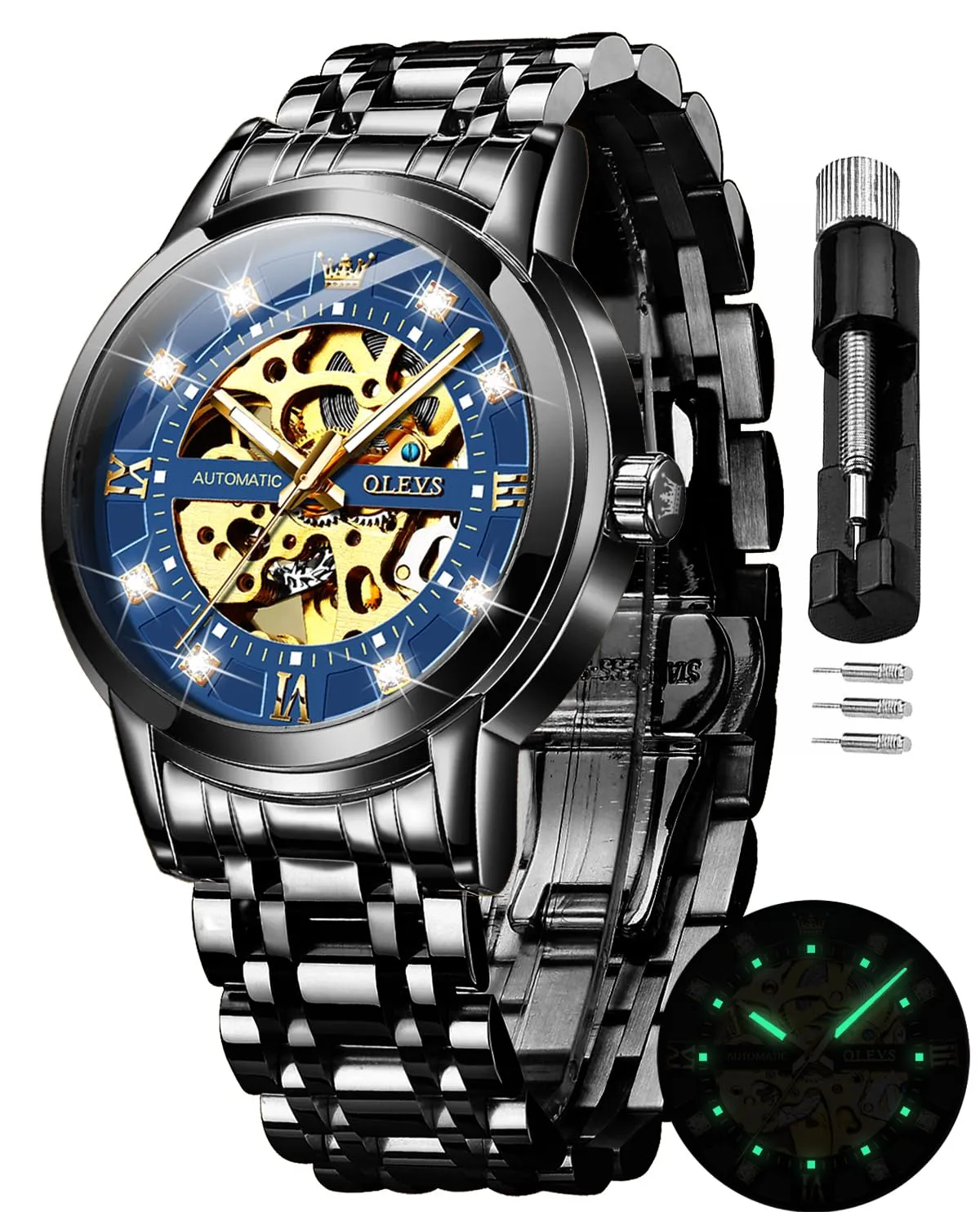 OLEVS Luxury Stainless Steel Mechanical Skeleton Wrist Watch