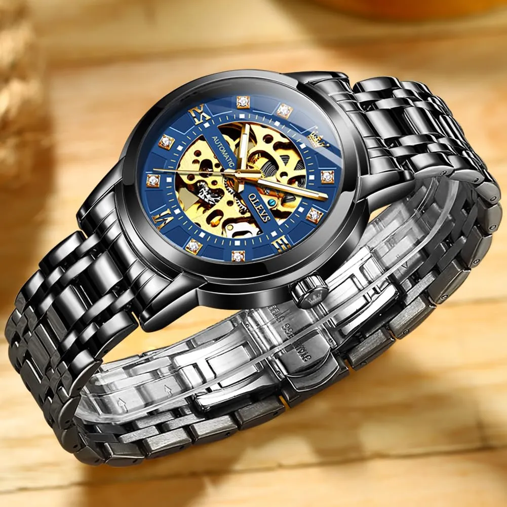 OLEVS Luxury Stainless Steel Mechanical Skeleton Wrist Watch