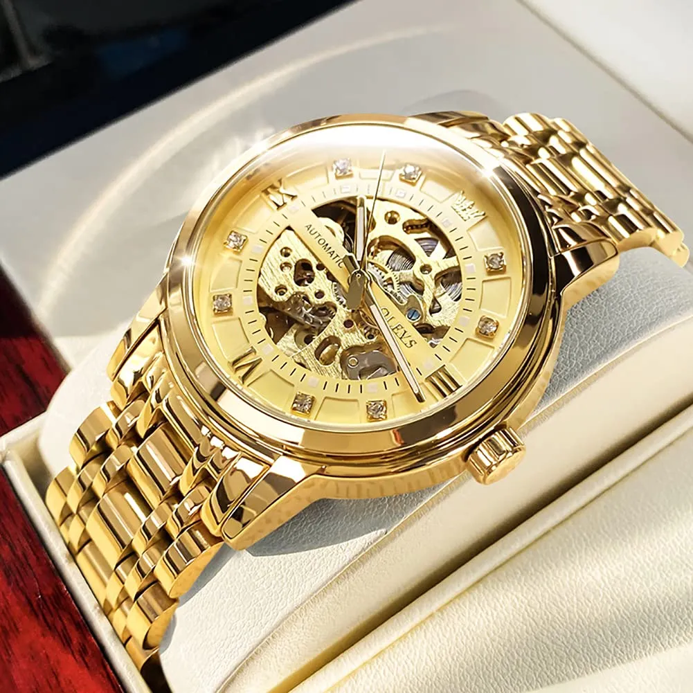 OLEVS Luxury Stainless Steel Mechanical Skeleton Wrist Watch