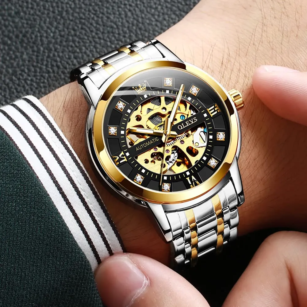 OLEVS Luxury Stainless Steel Mechanical Skeleton Wrist Watch
