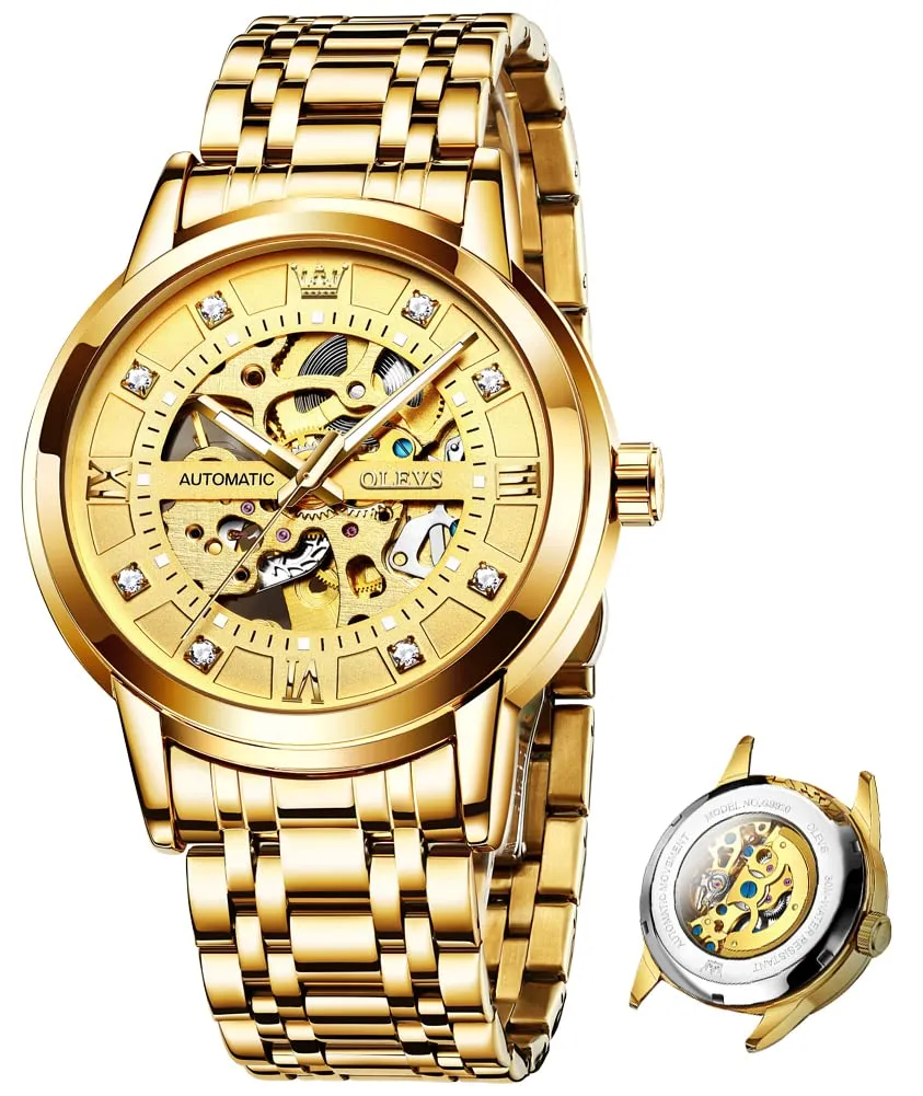 OLEVS Luxury Stainless Steel Mechanical Skeleton Wrist Watch