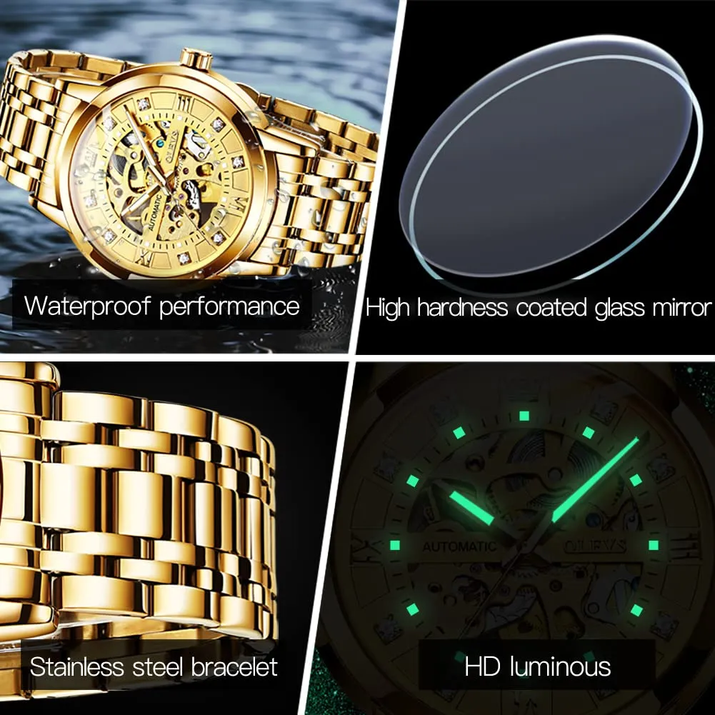 OLEVS Luxury Stainless Steel Mechanical Skeleton Wrist Watch