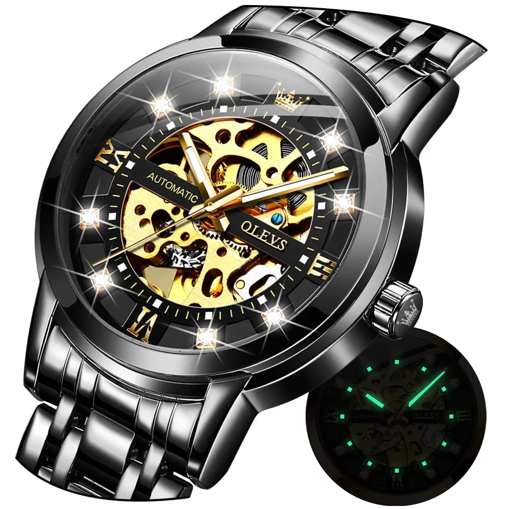 OLEVS Luxury Stainless Steel Mechanical Skeleton Wrist Watch