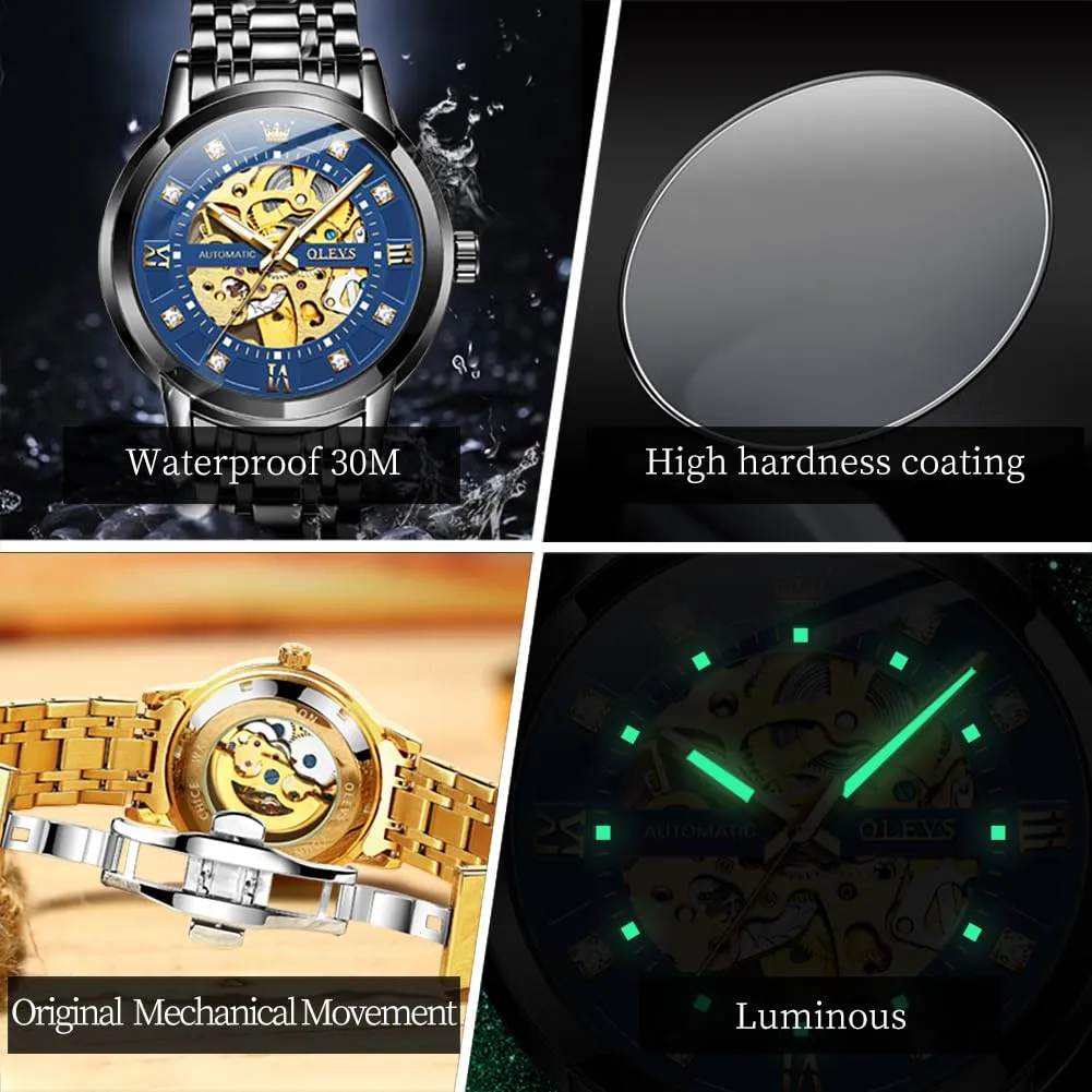 OLEVS Luxury Stainless Steel Mechanical Skeleton Wrist Watch
