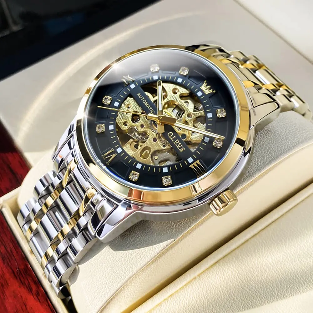 OLEVS Luxury Stainless Steel Mechanical Skeleton Wrist Watch