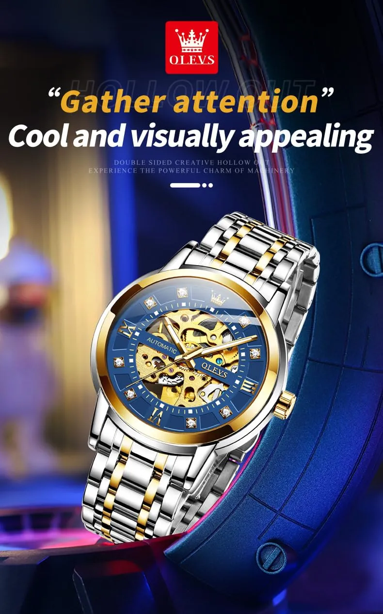 OLEVS Luxury Stainless Steel Mechanical Skeleton Wrist Watch