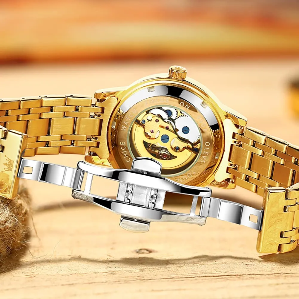 OLEVS Luxury Stainless Steel Mechanical Skeleton Wrist Watch