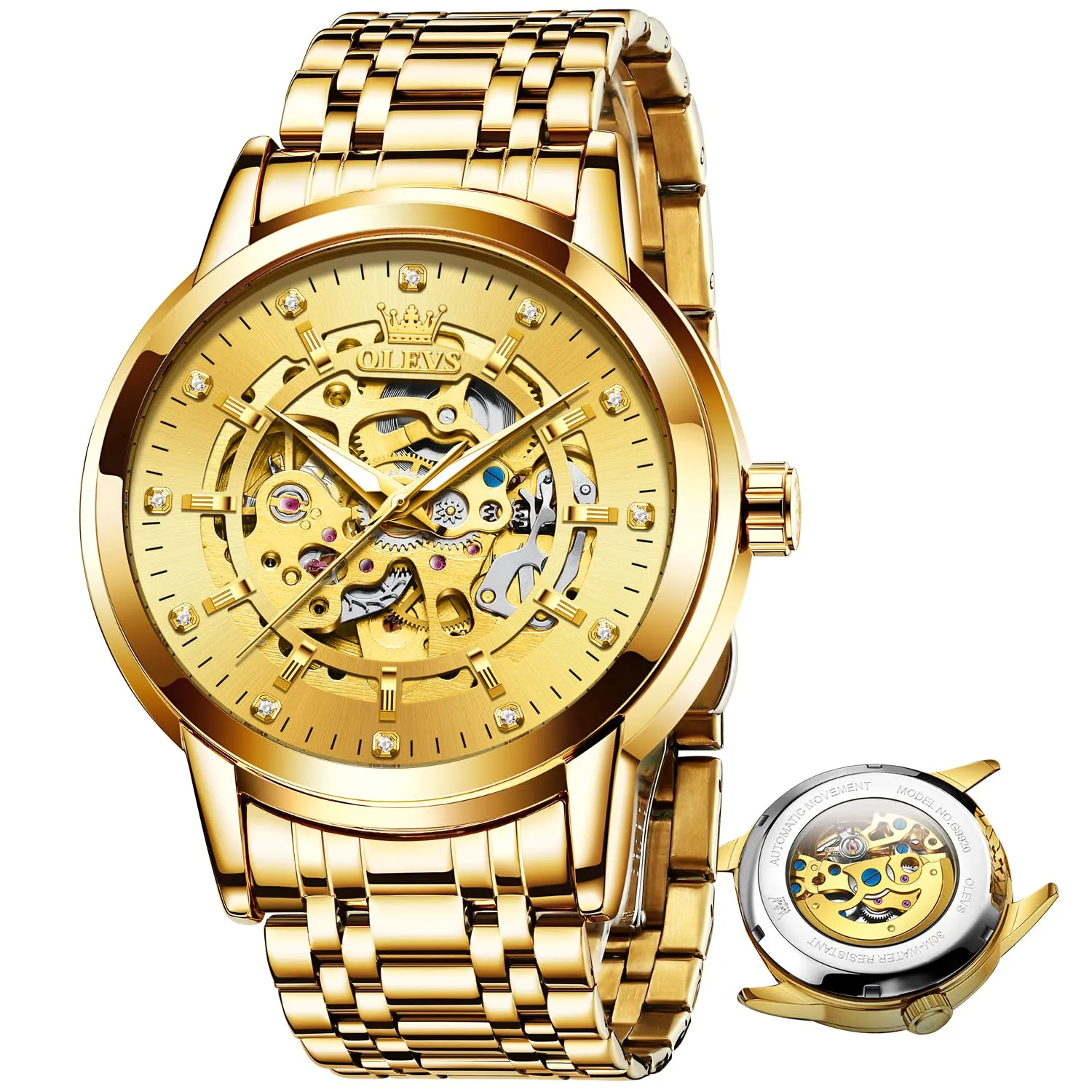 OLEVS Luxury Stainless Steel Mechanical Skeleton Wrist Watch