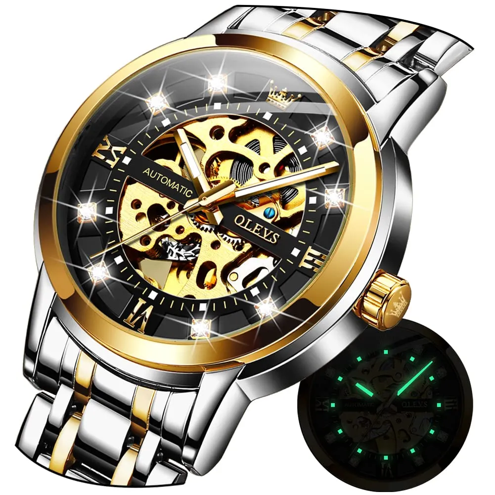 OLEVS Luxury Stainless Steel Mechanical Skeleton Wrist Watch