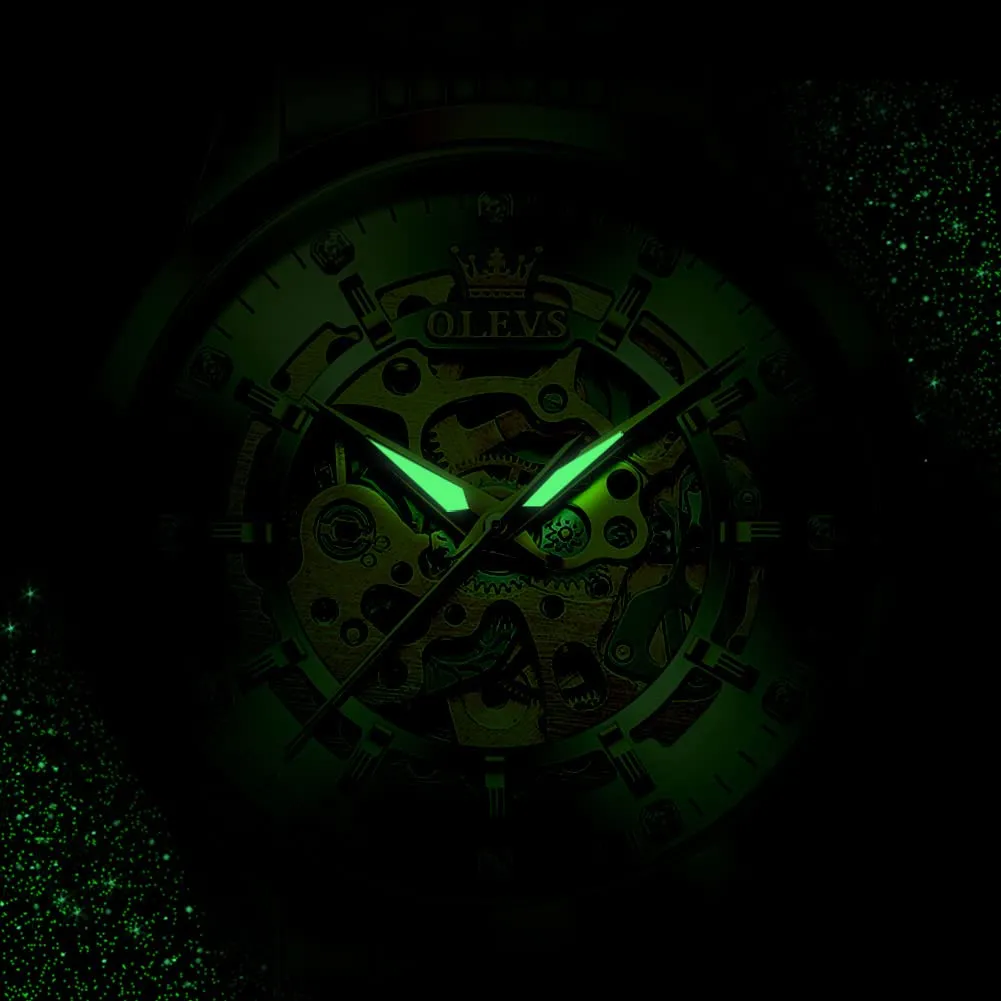 OLEVS Luxury Stainless Steel Mechanical Skeleton Wrist Watch