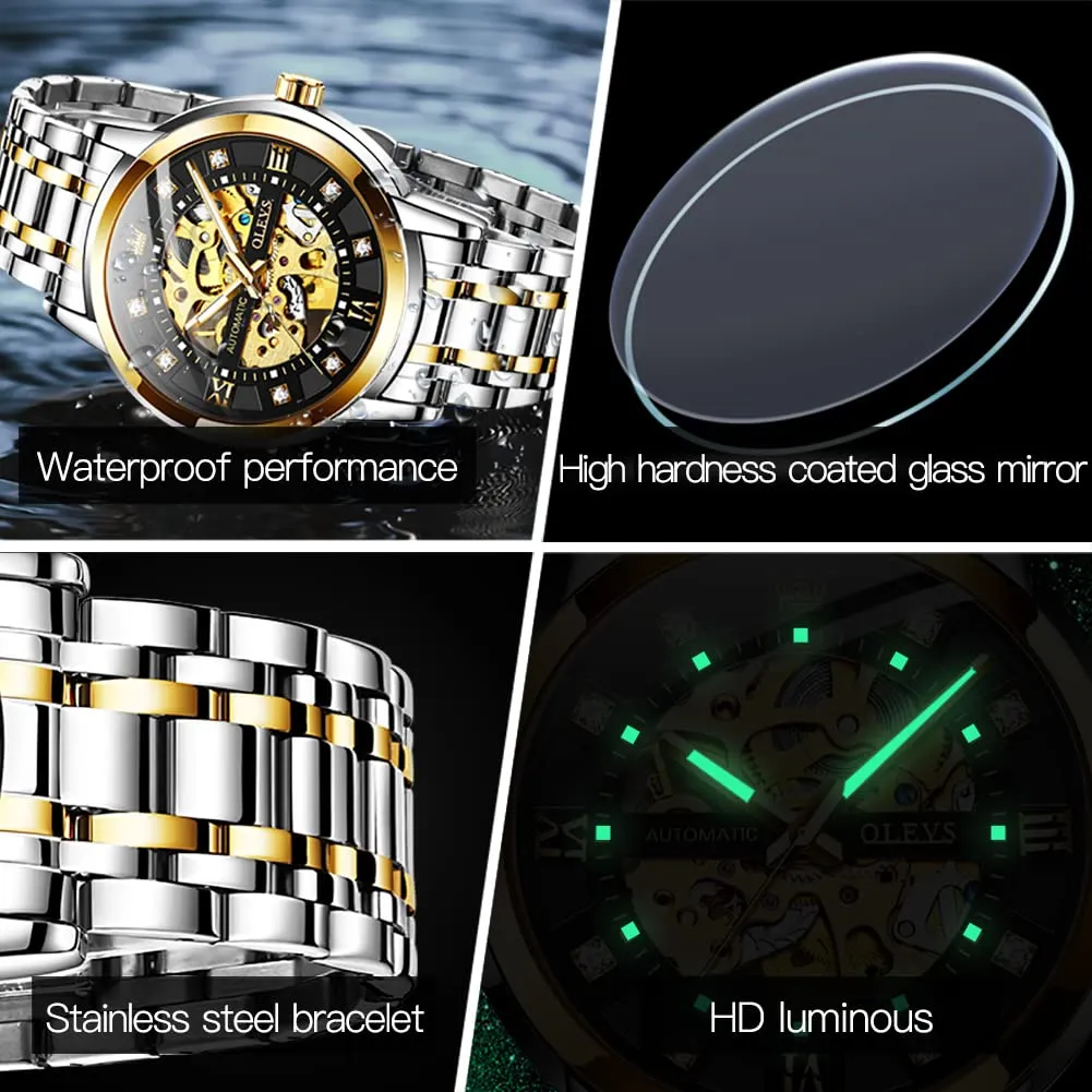 OLEVS Luxury Stainless Steel Mechanical Skeleton Wrist Watch