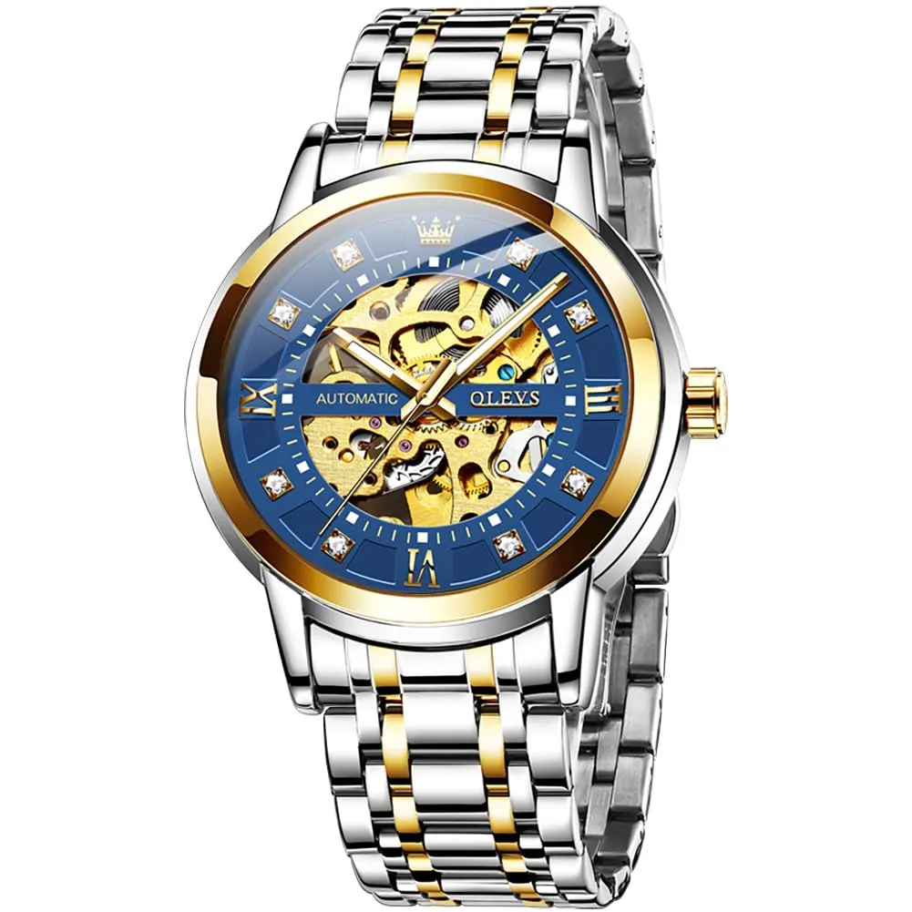 OLEVS Luxury Stainless Steel Mechanical Skeleton Wrist Watch