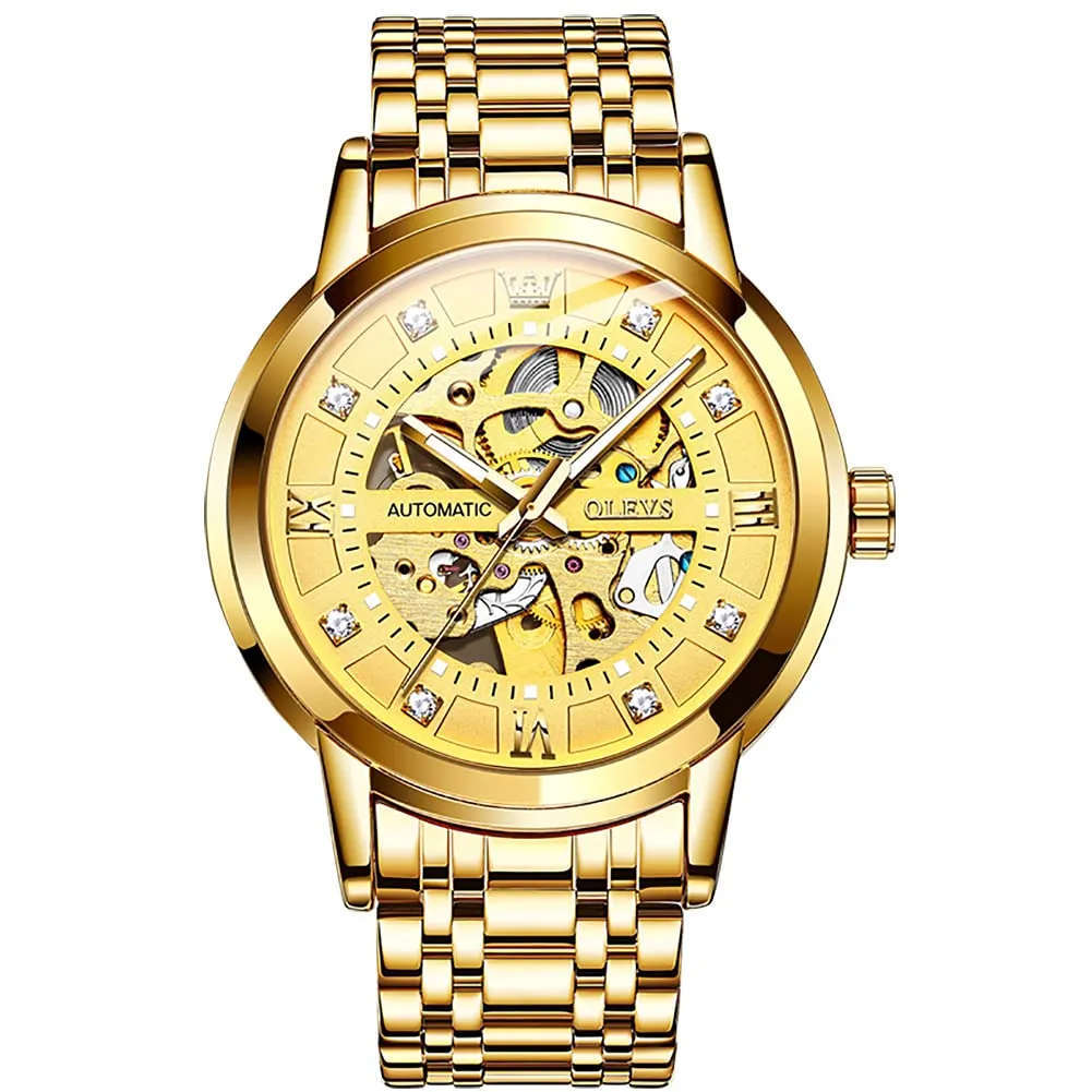 OLEVS Luxury Stainless Steel Mechanical Skeleton Wrist Watch