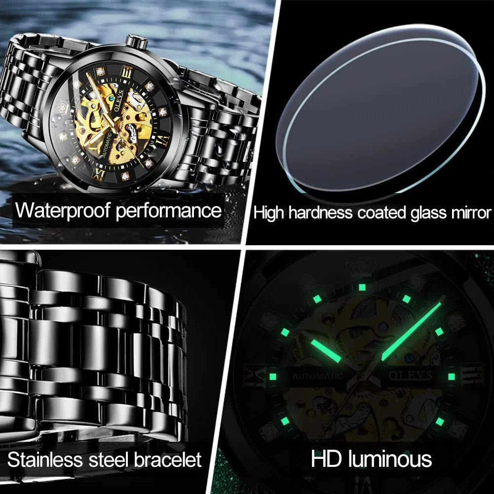 OLEVS Luxury Stainless Steel Mechanical Skeleton Wrist Watch