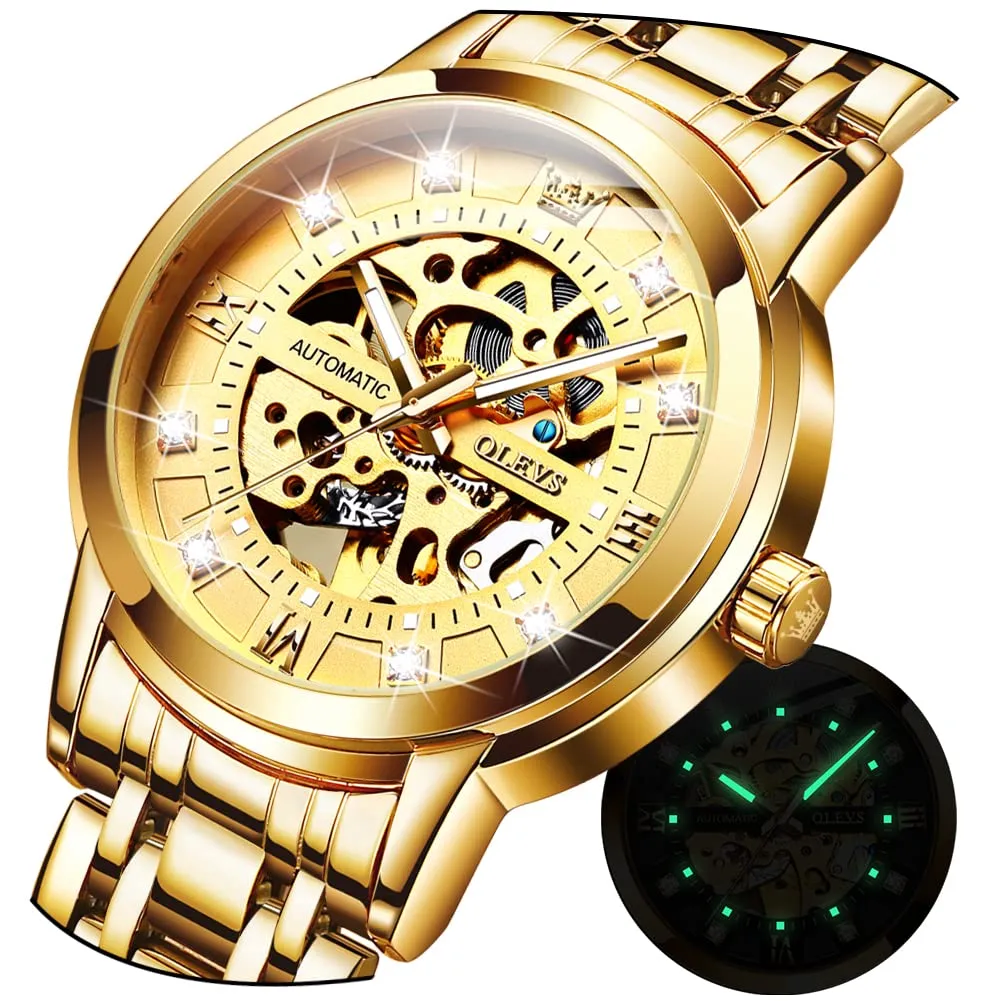 OLEVS Luxury Stainless Steel Mechanical Skeleton Wrist Watch