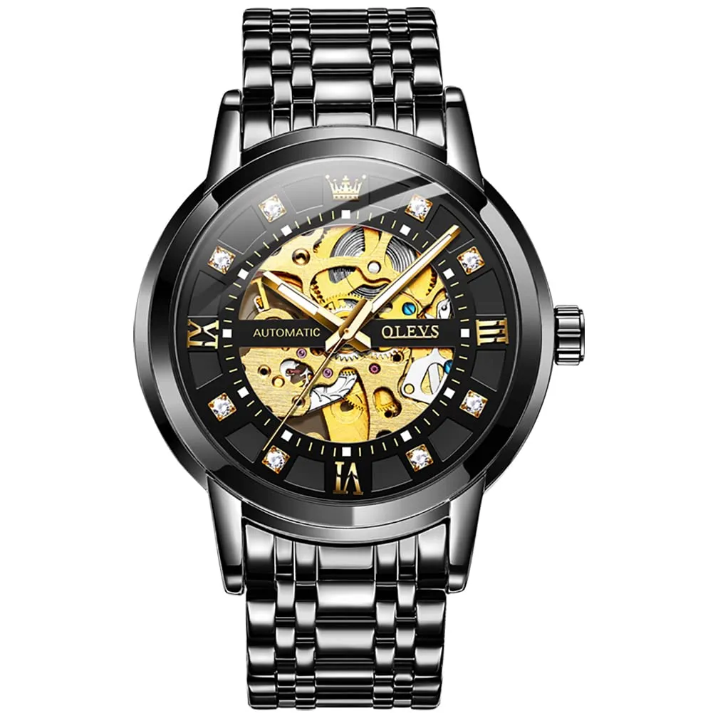 OLEVS Luxury Stainless Steel Mechanical Skeleton Wrist Watch