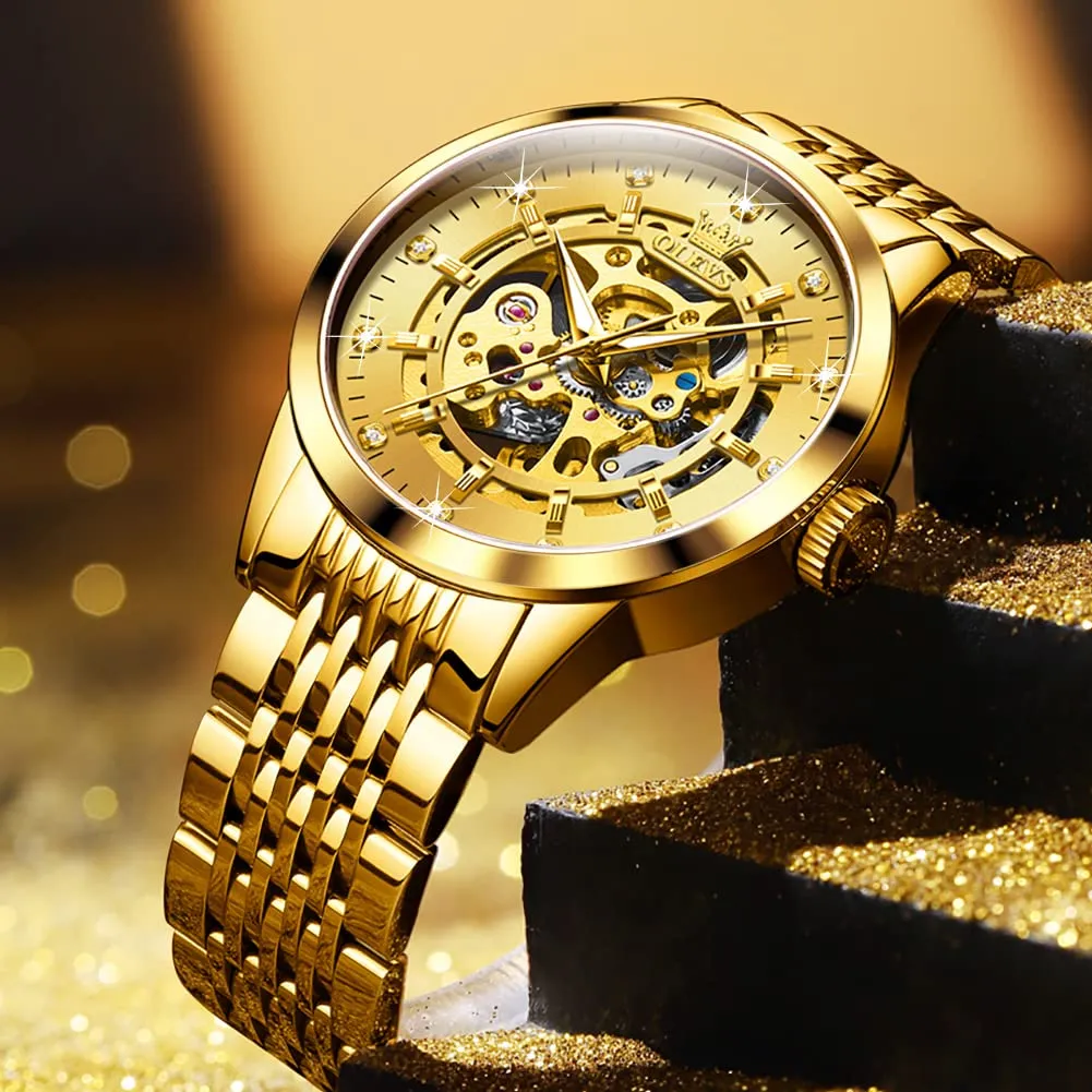 OLEVS Luxury Stainless Steel Mechanical Skeleton Wrist Watch
