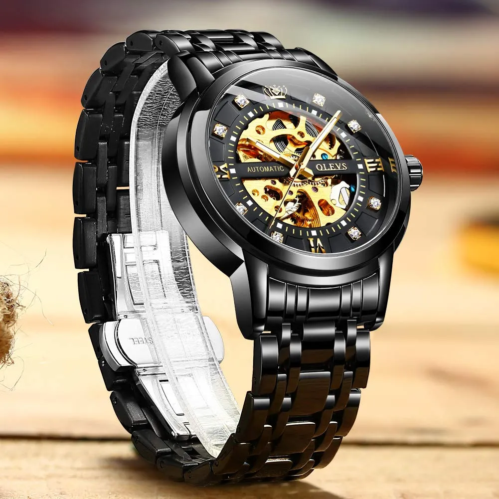 OLEVS Luxury Stainless Steel Mechanical Skeleton Wrist Watch