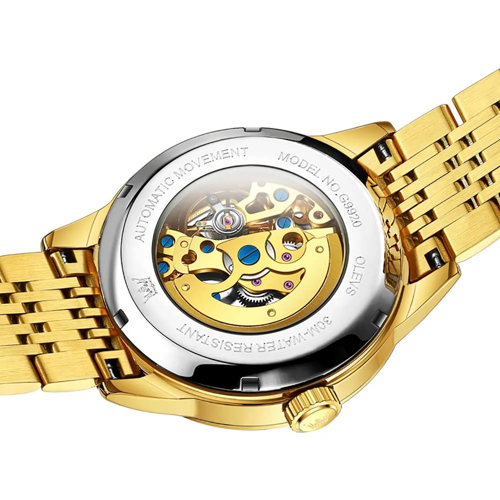 OLEVS Luxury Stainless Steel Mechanical Skeleton Wrist Watch