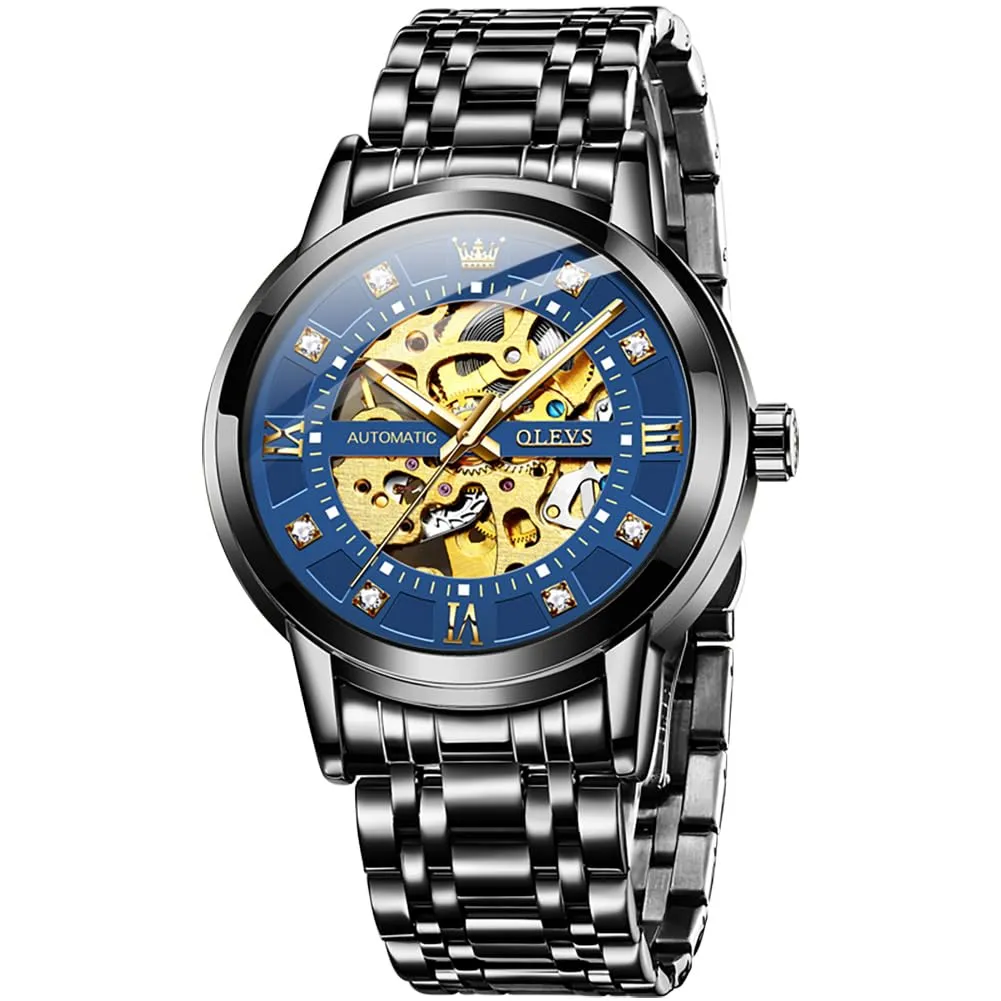 OLEVS Luxury Stainless Steel Mechanical Skeleton Wrist Watch
