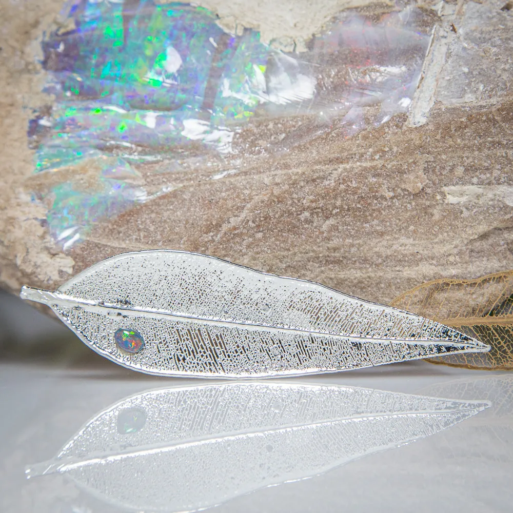 Opal on Eucalyptus Red Gum Leaf Silver Brooch