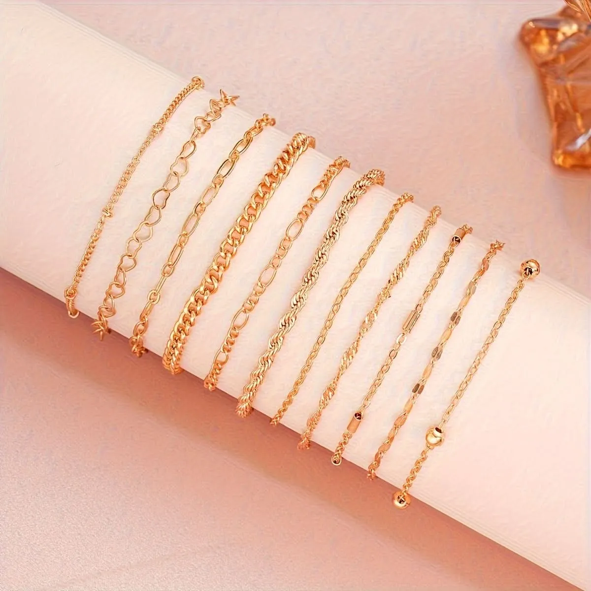 Pack of 11-Piece Simple Chain Twist Anklet Set