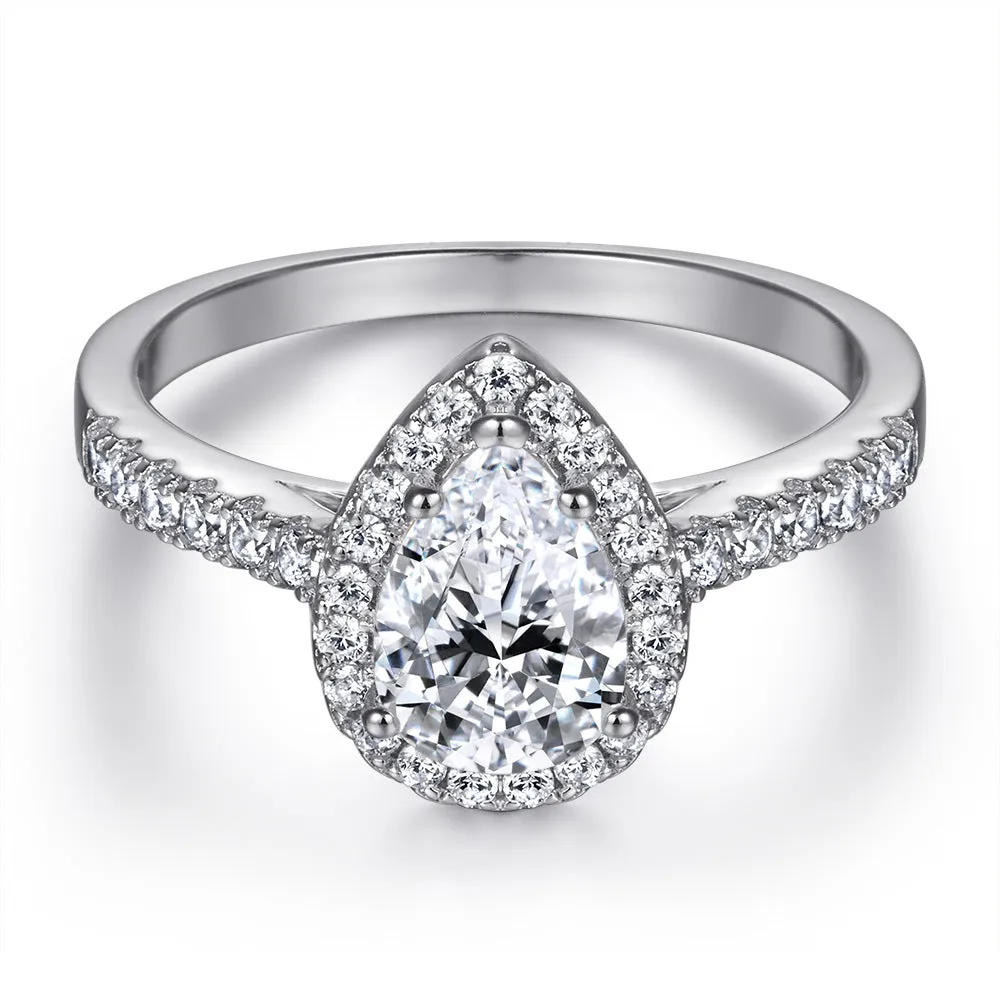 Pear Drop Zircon Soleste Halo with V-shaped Silver Ring Set