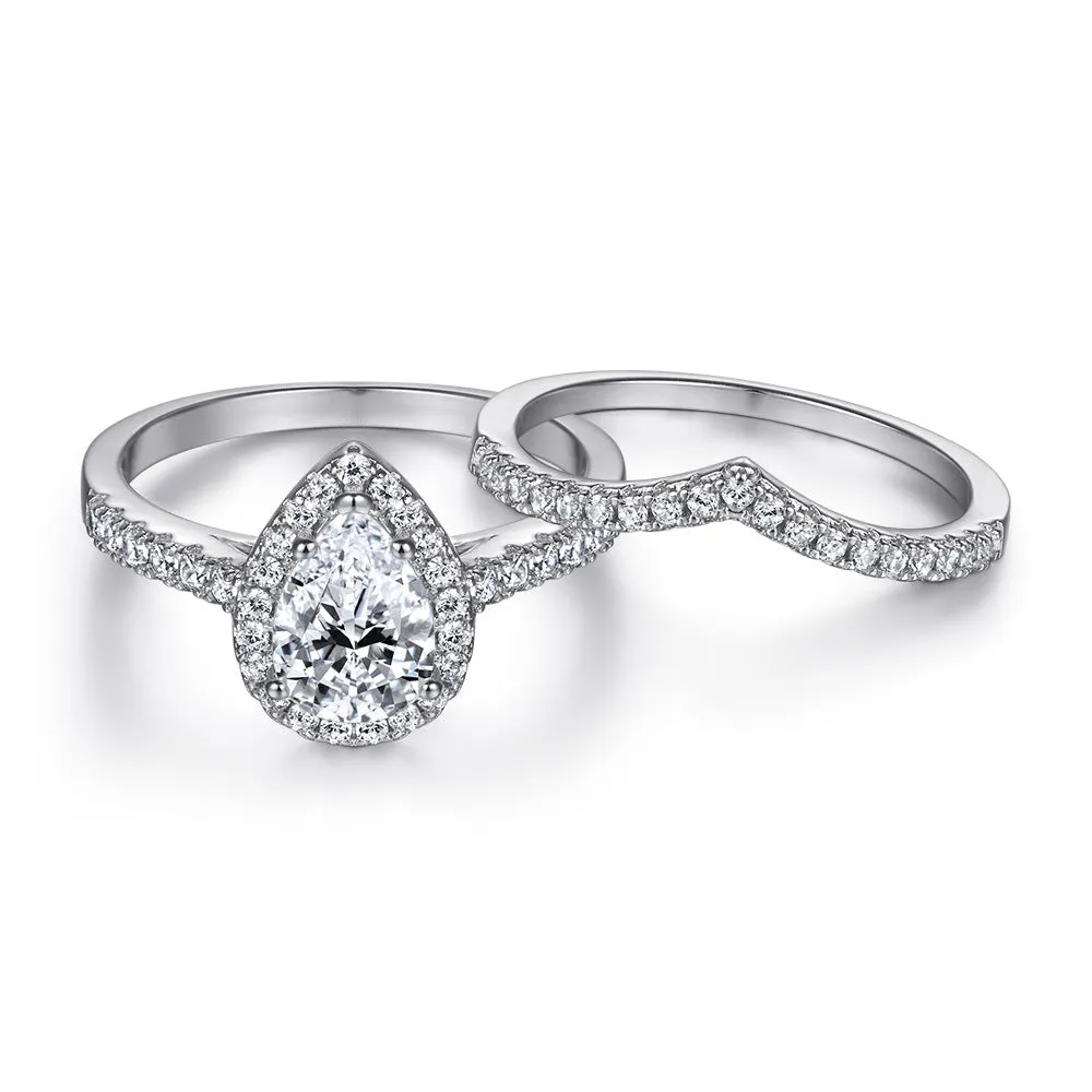 Pear Drop Zircon Soleste Halo with V-shaped Silver Ring Set