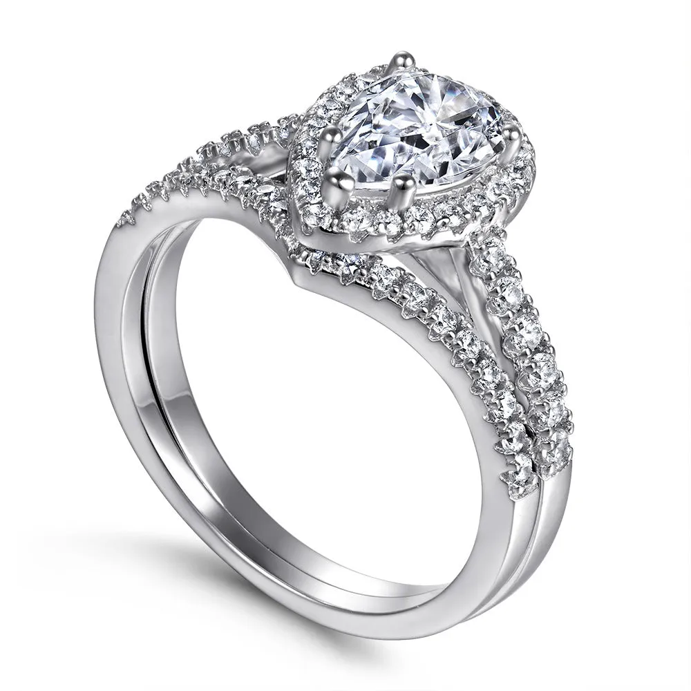 Pear Drop Zircon Soleste Halo with V-shaped Silver Ring Set