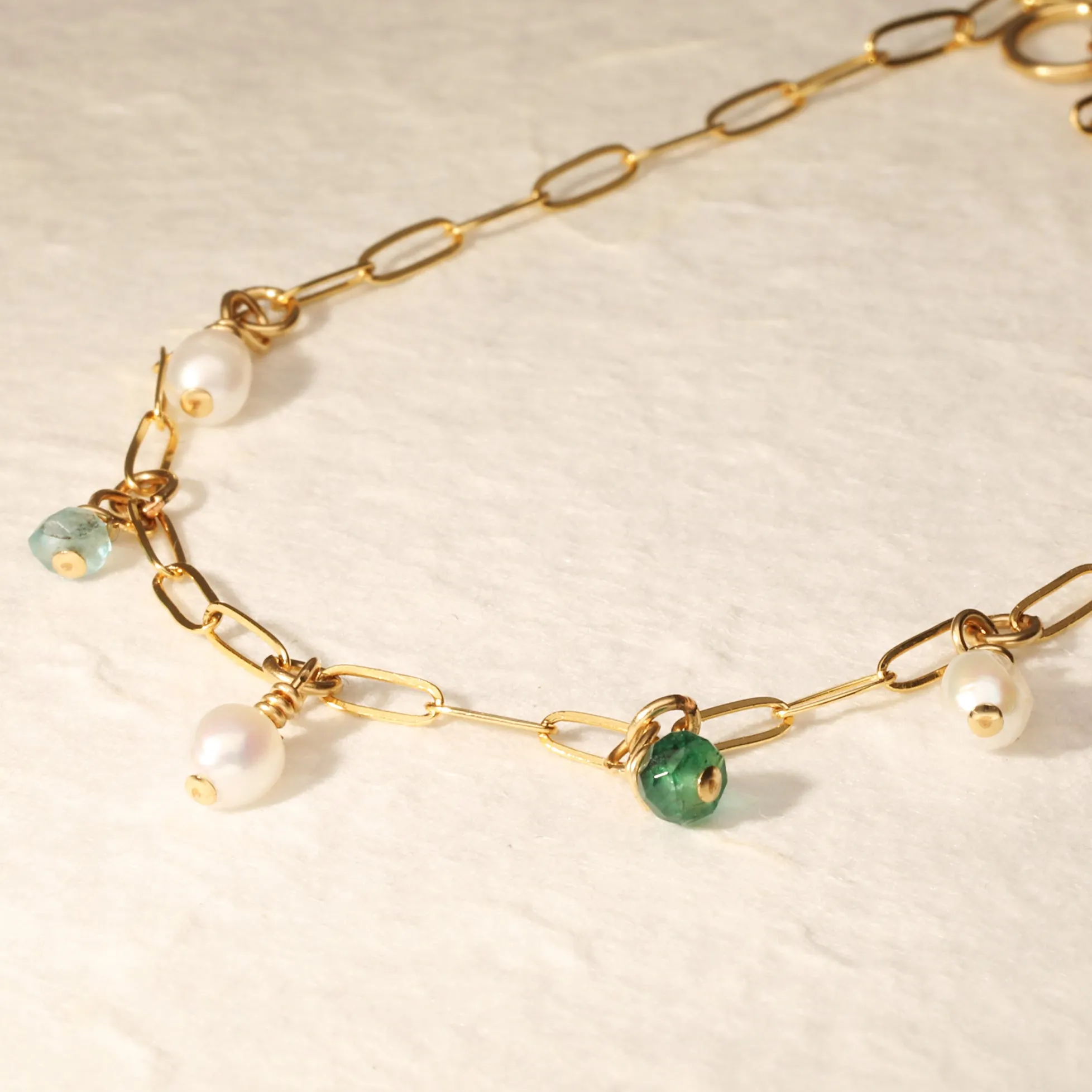 Pearl aquamarine and emerald drop stone anklet
