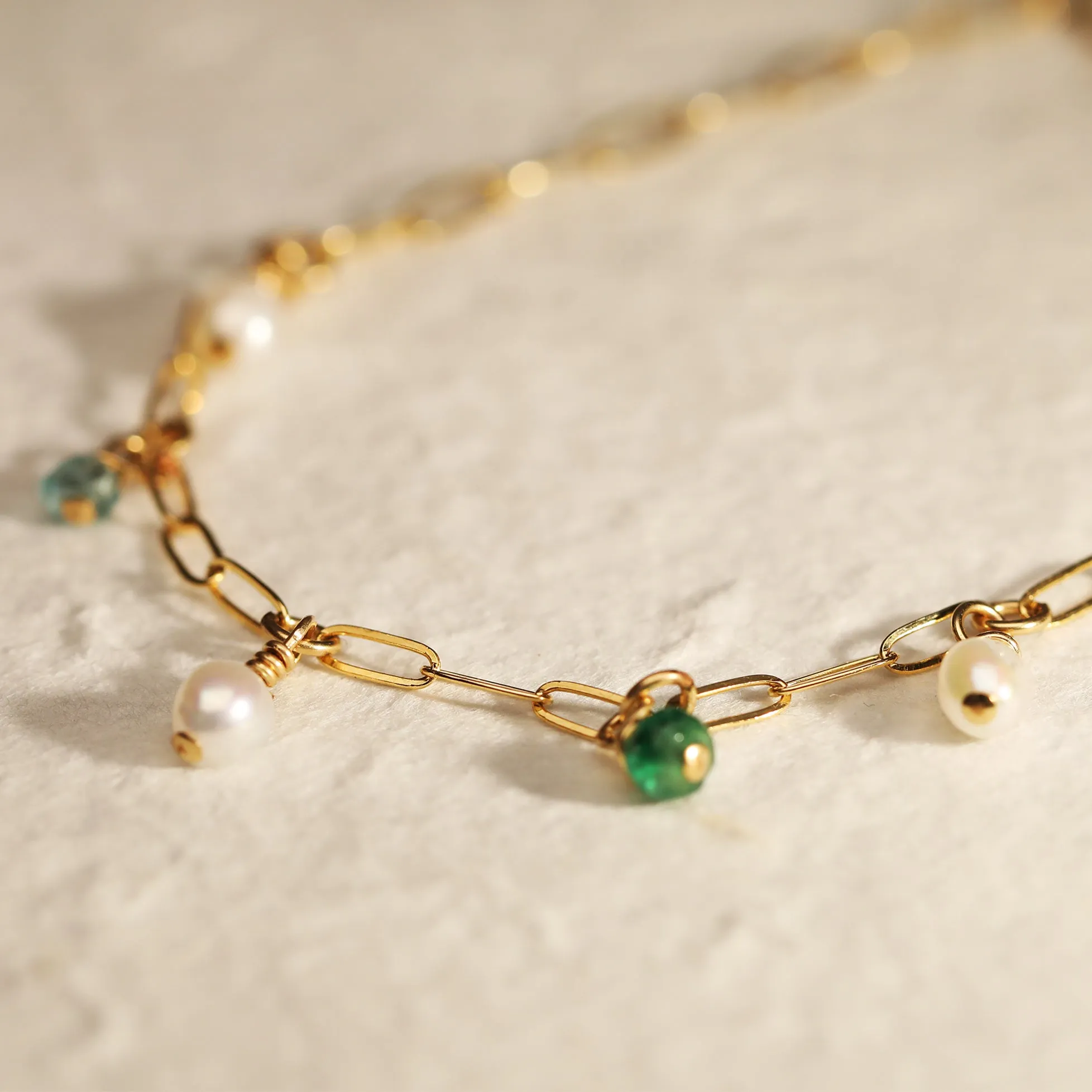 Pearl aquamarine and emerald drop stone anklet