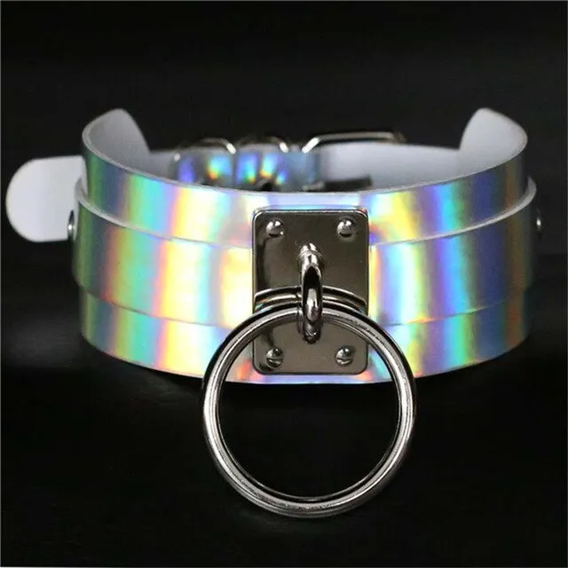 Punk Round Laser Holographic Leather Choker Necklace For Women Bondage Fashion Circle Chokers Harness Collar Statement Jewelry