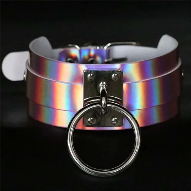 Punk Round Laser Holographic Leather Choker Necklace For Women Bondage Fashion Circle Chokers Harness Collar Statement Jewelry