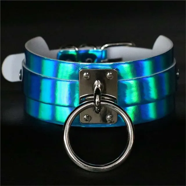 Punk Round Laser Holographic Leather Choker Necklace For Women Bondage Fashion Circle Chokers Harness Collar Statement Jewelry