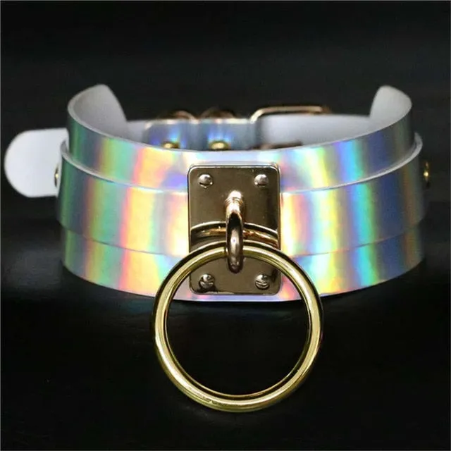 Punk Round Laser Holographic Leather Choker Necklace For Women Bondage Fashion Circle Chokers Harness Collar Statement Jewelry