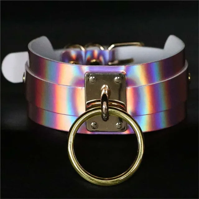 Punk Round Laser Holographic Leather Choker Necklace For Women Bondage Fashion Circle Chokers Harness Collar Statement Jewelry