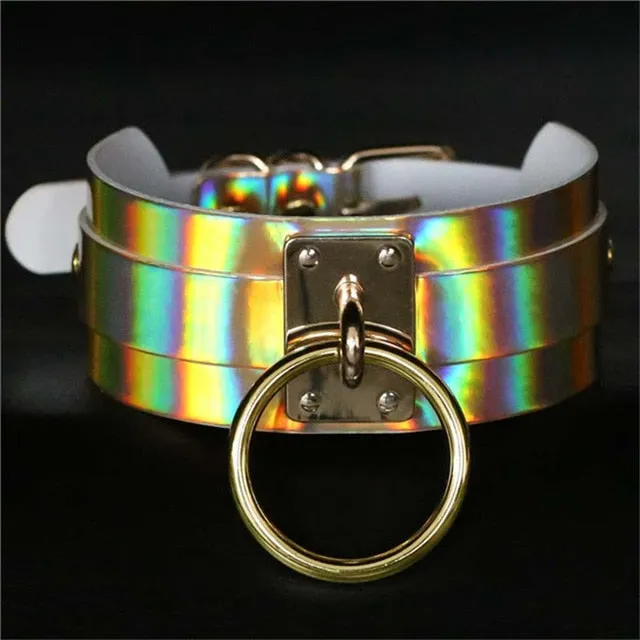 Punk Round Laser Holographic Leather Choker Necklace For Women Bondage Fashion Circle Chokers Harness Collar Statement Jewelry