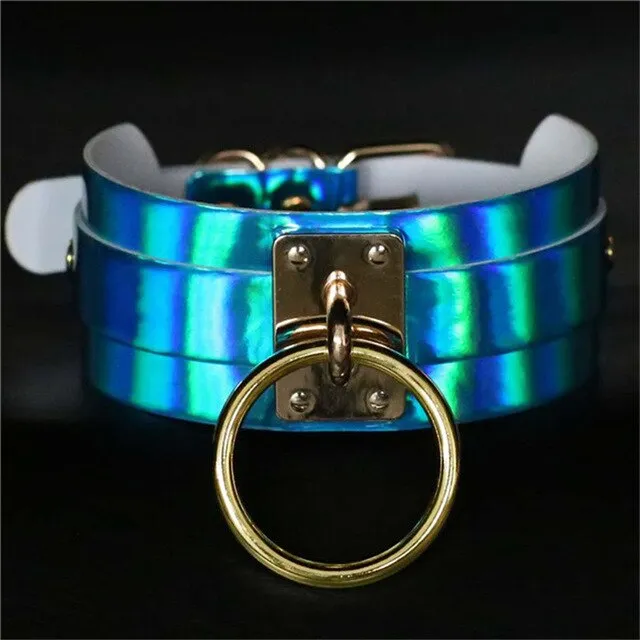 Punk Round Laser Holographic Leather Choker Necklace For Women Bondage Fashion Circle Chokers Harness Collar Statement Jewelry