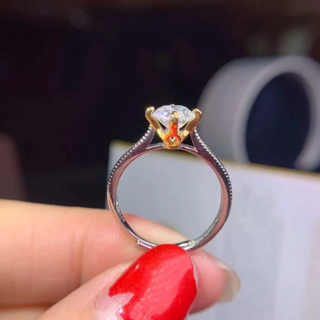 Resizable Gold Plated Silver Solitaire Moissanite Ring 1ct