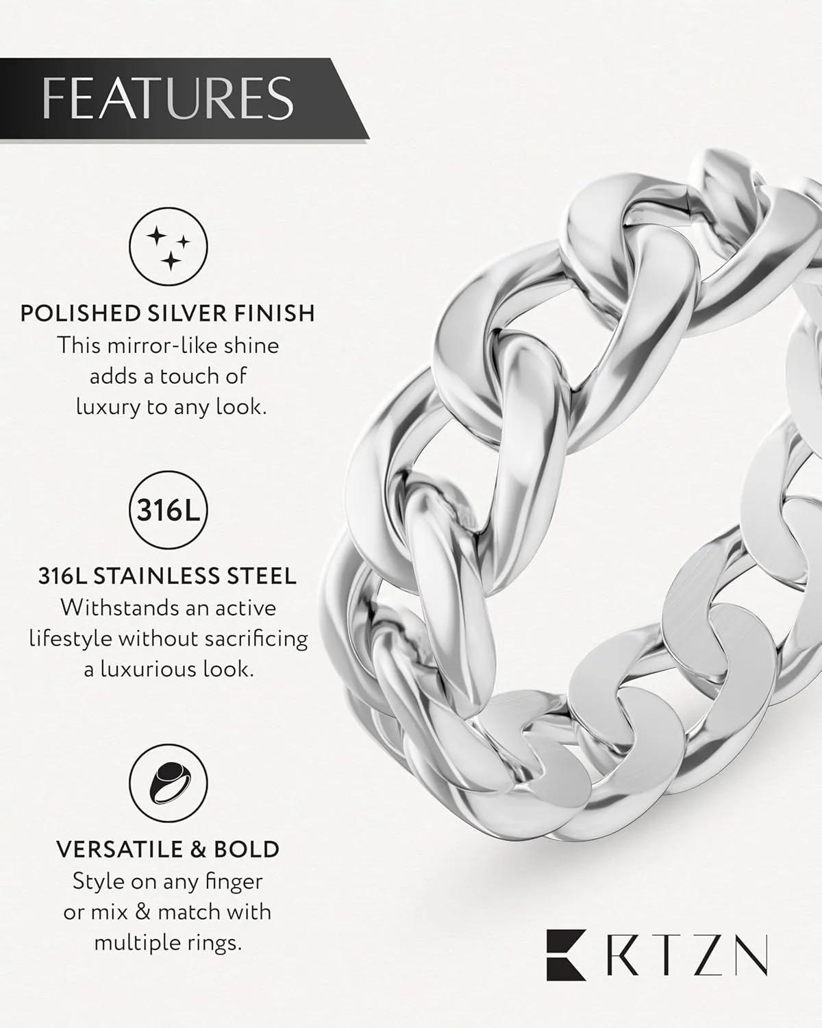 RTZN Cuban Link Ring for Men  6MM Premium Stainless Steel Gold/Silver Chain Ring for Men and Women  100% Waterproof & Non-Tarnish Mens Chain Link Rings (Size: 6-12)