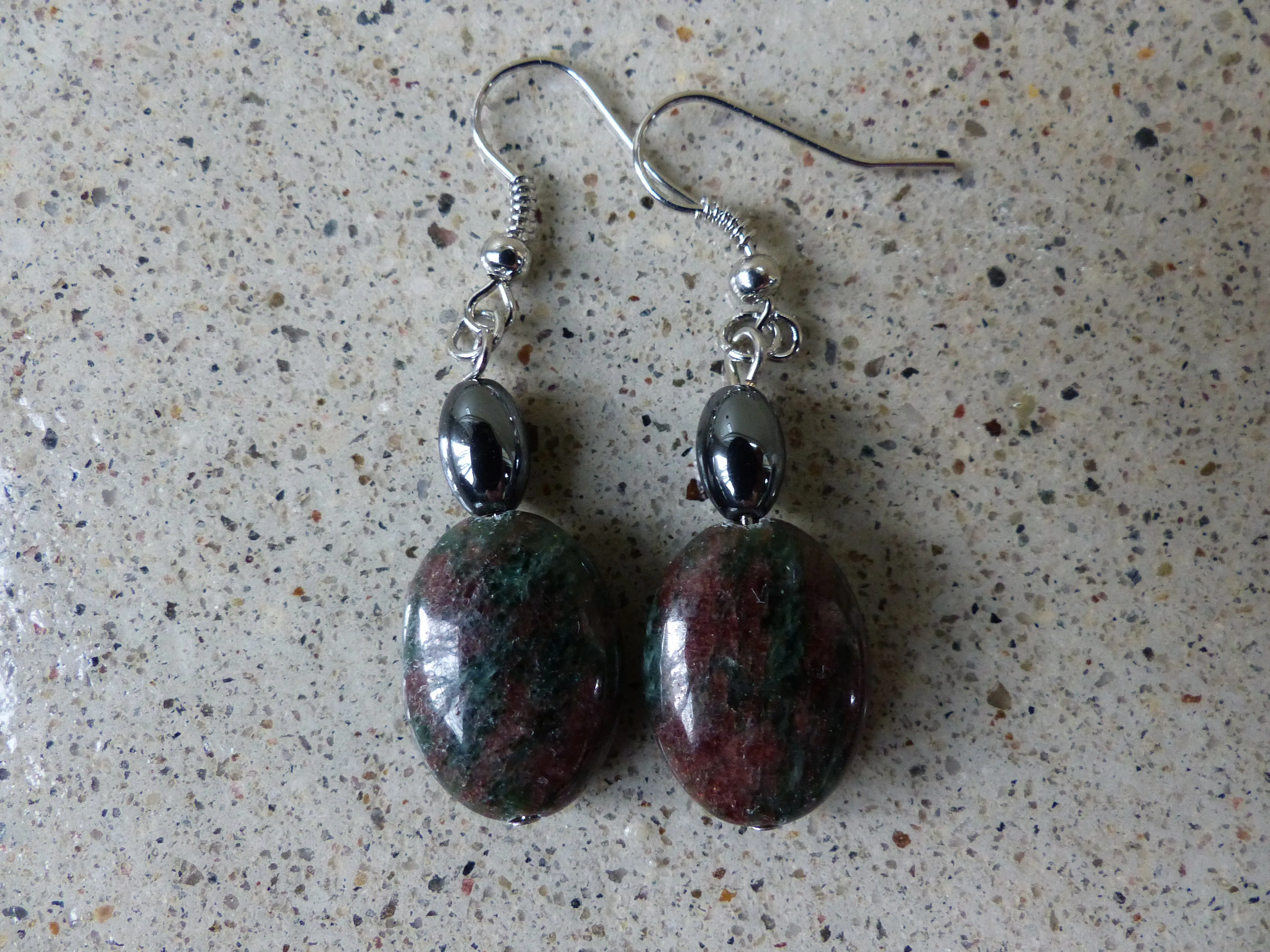 Ruby Zoisite and Hematite Earrings