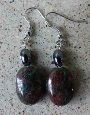 Ruby Zoisite and Hematite Earrings