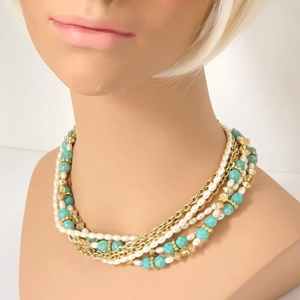 Sarah Coventry Faux Pearl and Sea Green Beaded Torsade Choker