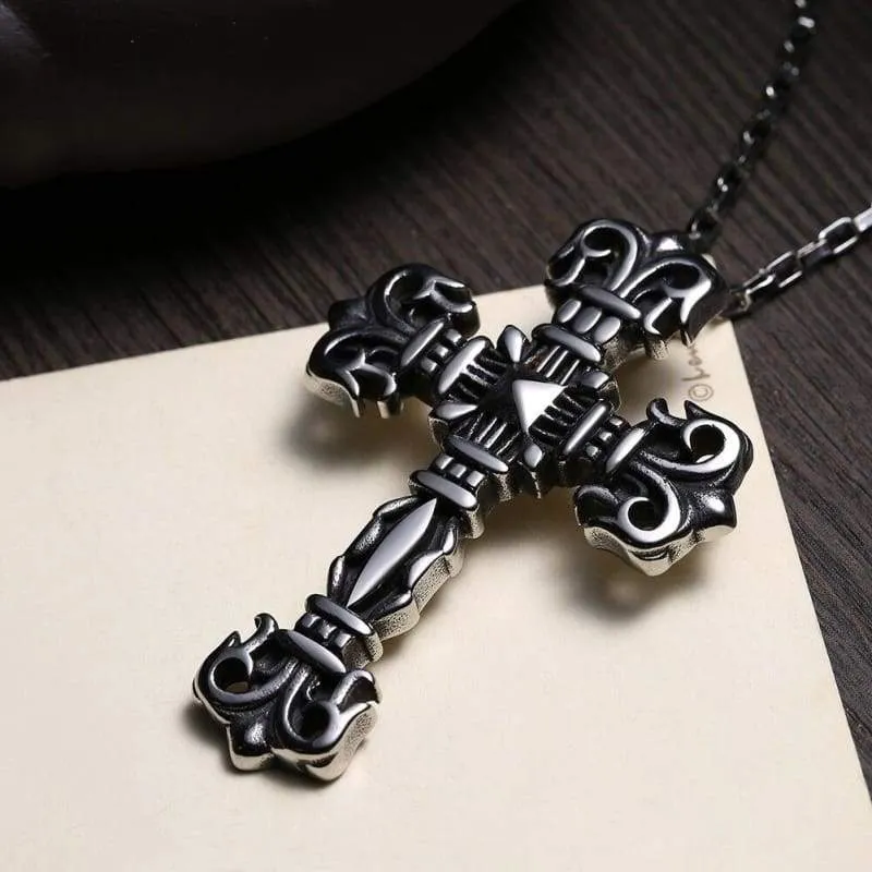 Silver Men's Pendant Necklace Classic Cross Prayer Christ Stainless Steel Men Women Free Chain