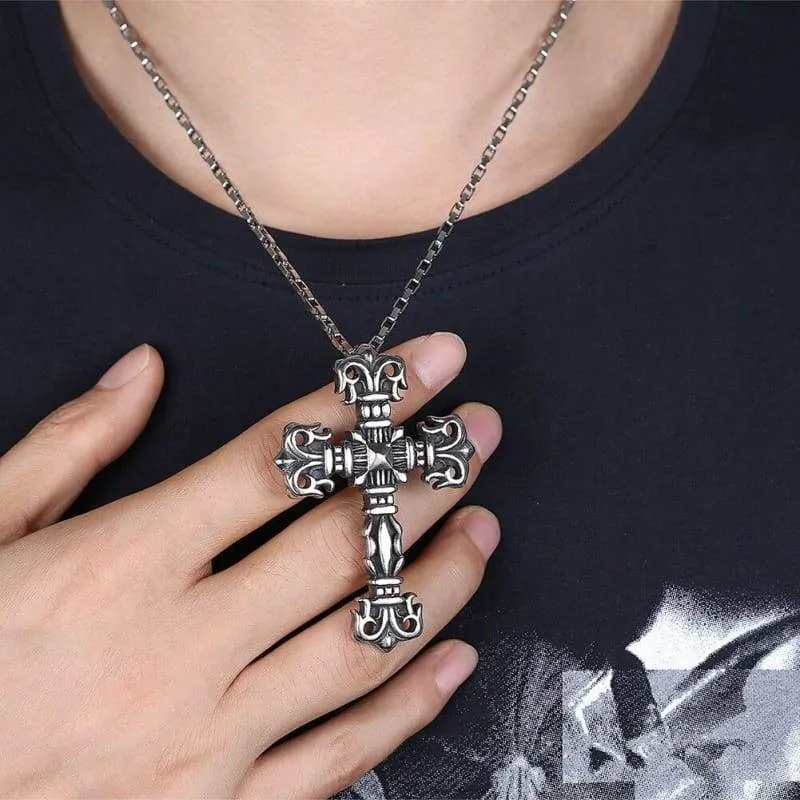 Silver Men's Pendant Necklace Classic Cross Prayer Christ Stainless Steel Men Women Free Chain