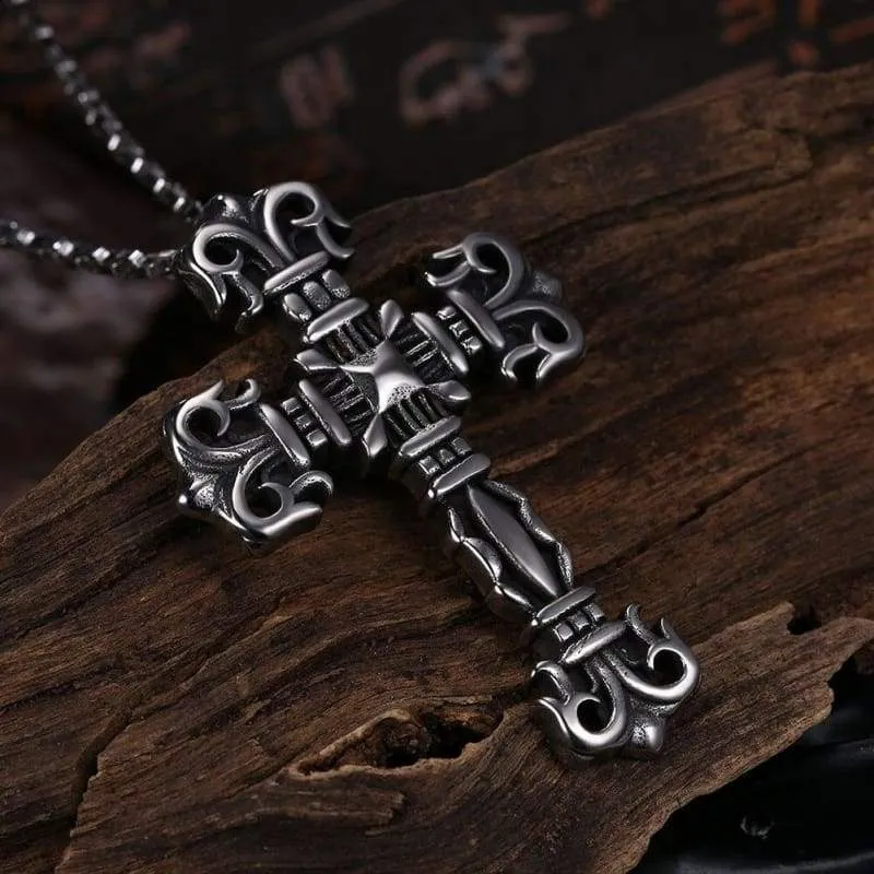 Silver Men's Pendant Necklace Classic Cross Prayer Christ Stainless Steel Men Women Free Chain