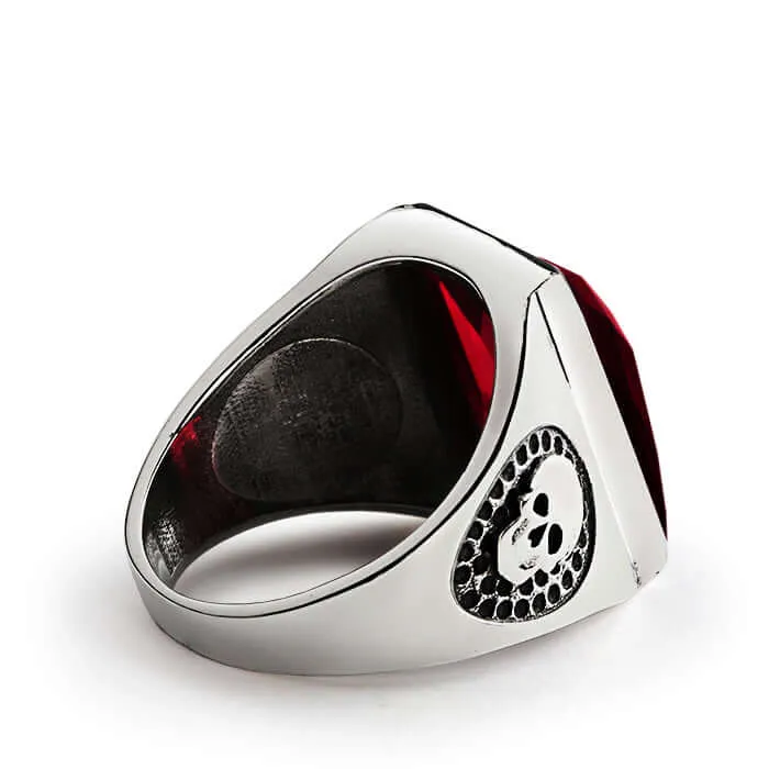 Skull Men's Sterling Silver Wide Ring with Big Natural Stone