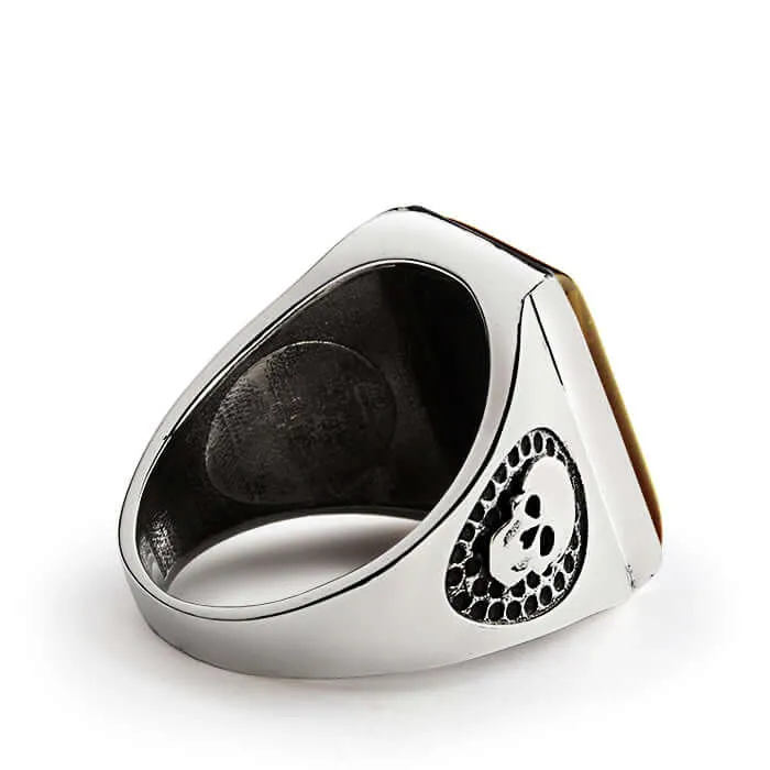 Skull Men's Sterling Silver Wide Ring with Big Natural Stone